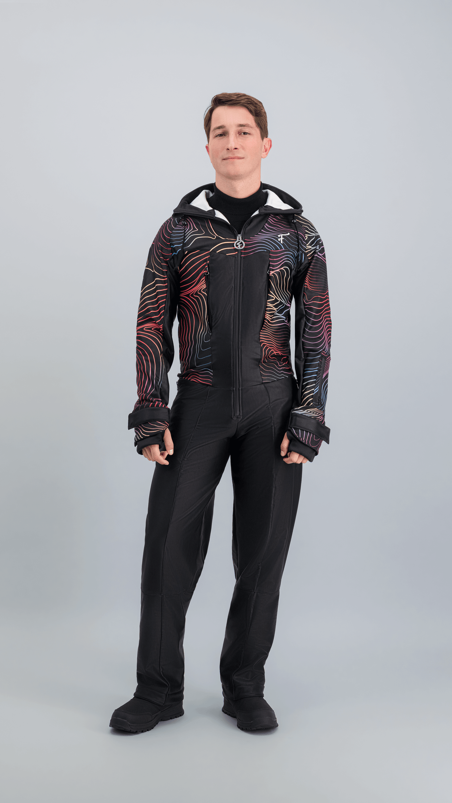 Combinaison de ski homme Piste Noire Fuzance, vue de face, noir et motif graphique