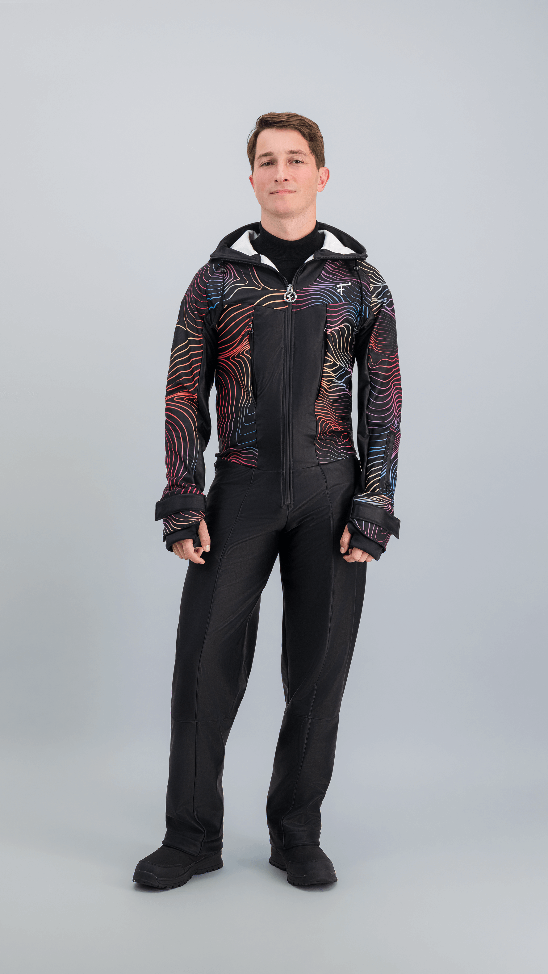 Combinaison de ski homme Piste Noire Fuzance, vue de face, noir et motif graphique