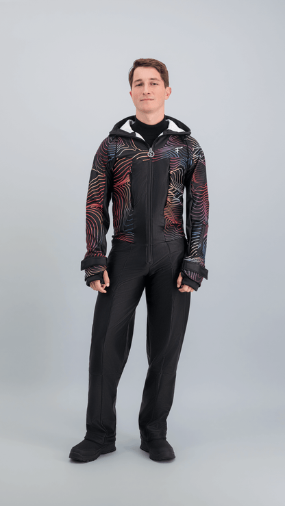 Combinaison de ski homme Piste Noire Fuzance, vue de face, noir et motif graphique