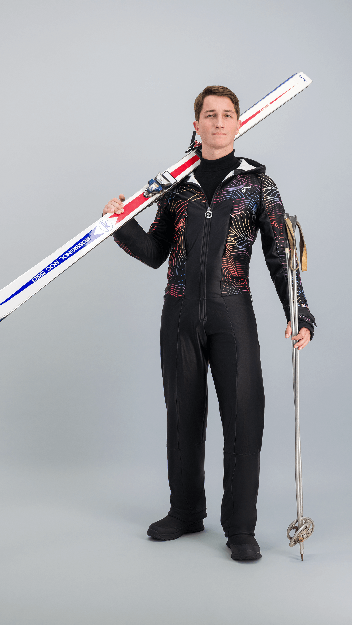 Combinaison de ski homme une pièce noire Piste Noire Fuzance, style rétro années 80