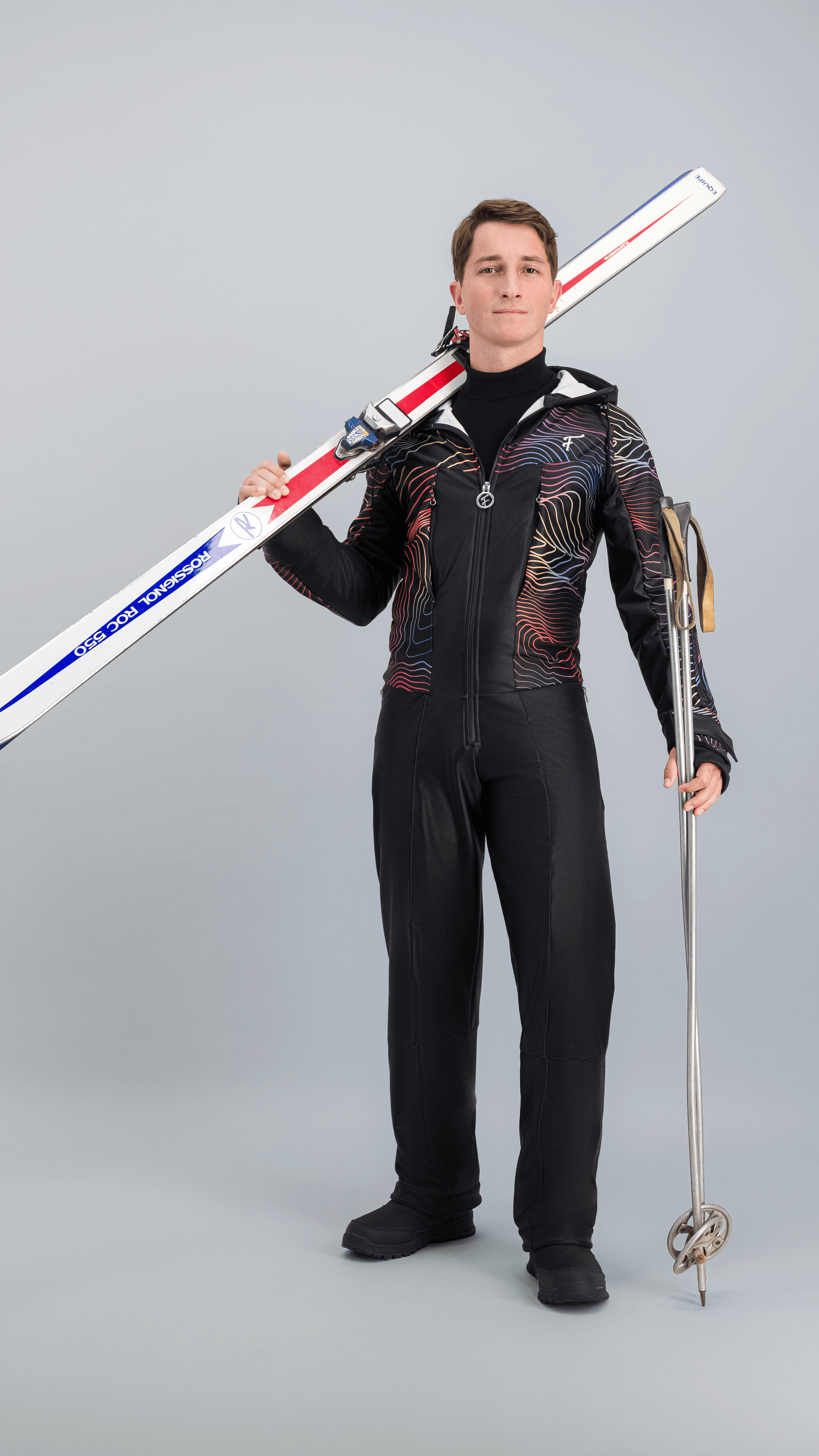 Combinaison de ski homme une pièce noire Piste Noire Fuzance, style rétro années 80